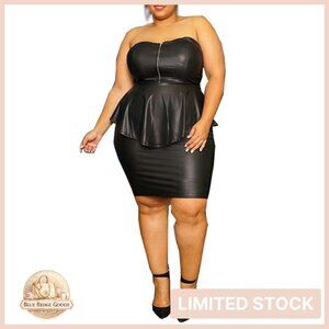Two Piece PU Leather Outfit Bodycon Zipper Tube Top Skirt Set Y2K Chic